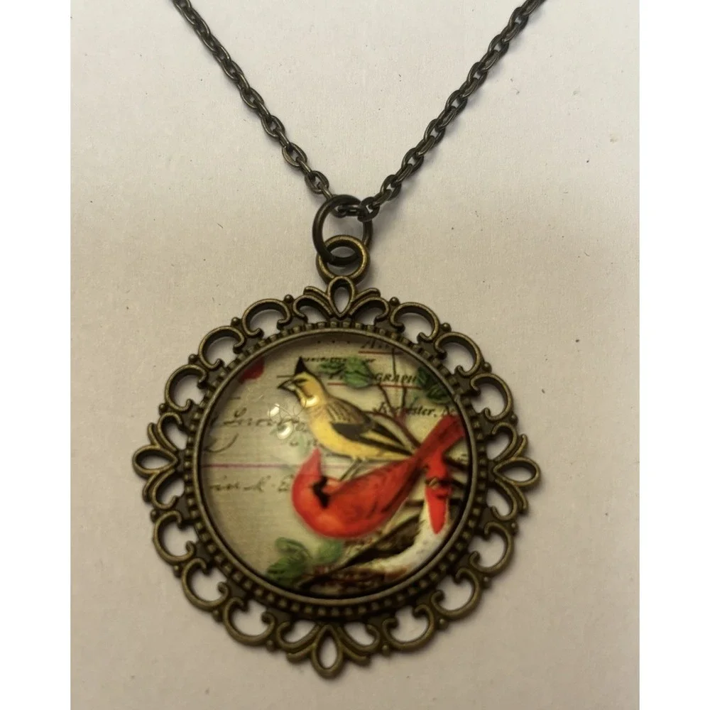 Red Cardinal Yellow Bird Cabochon Glass Pendant with Bronze 24